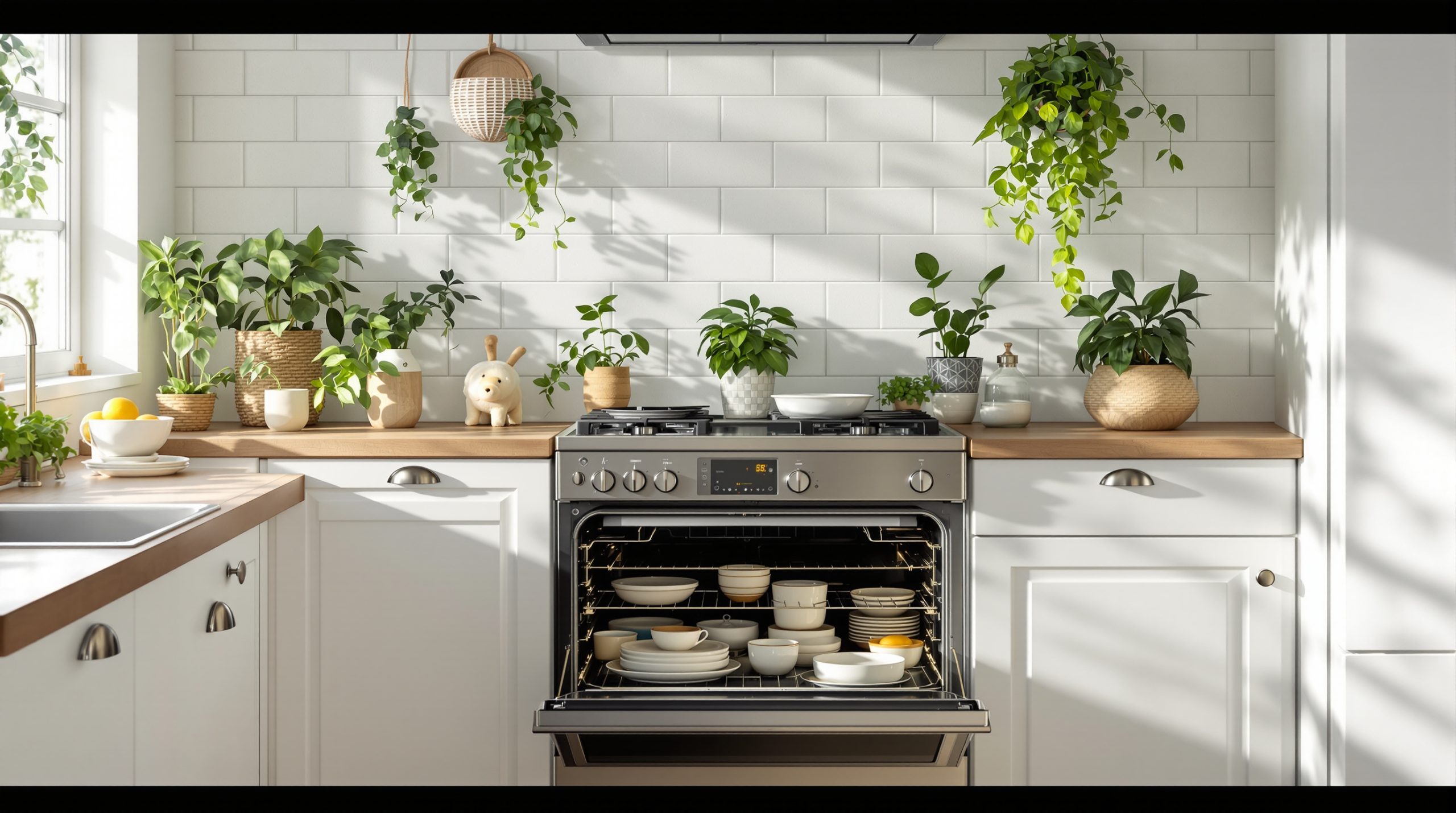 Évier encombré sous le soleil.