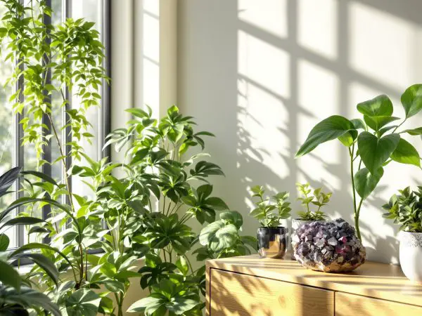 Pièce apaisante avec éléments naturels.